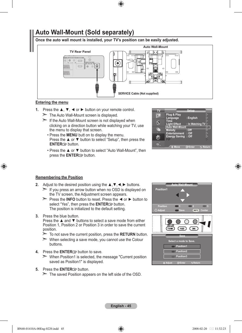 Auto wall-mount (sold separately) | Samsung LE46A551P2R User Manual | Page 47 / 629