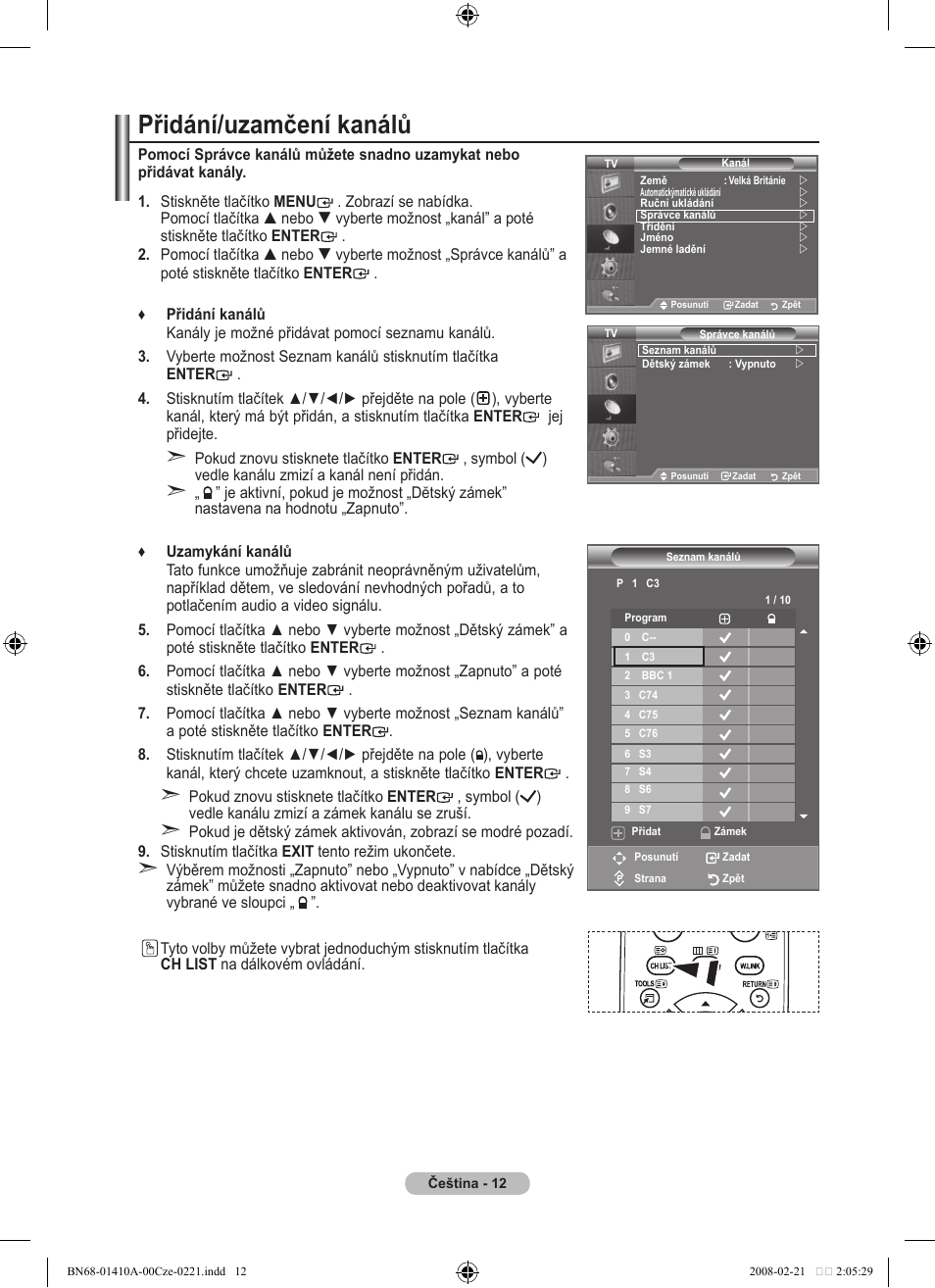 Přidání/uzamčení kanálů | Samsung LE46A551P2R User Manual | Page 484 / 629