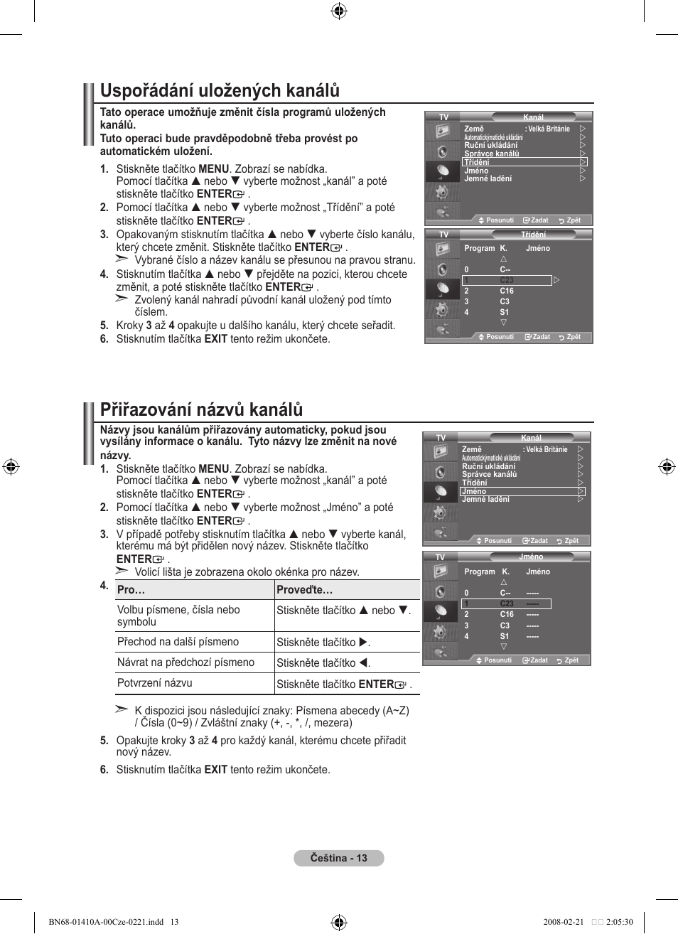 Uspořádání uložených kanálů, Přiřazování názvů kanálů | Samsung LE46A551P2R User Manual | Page 485 / 629
