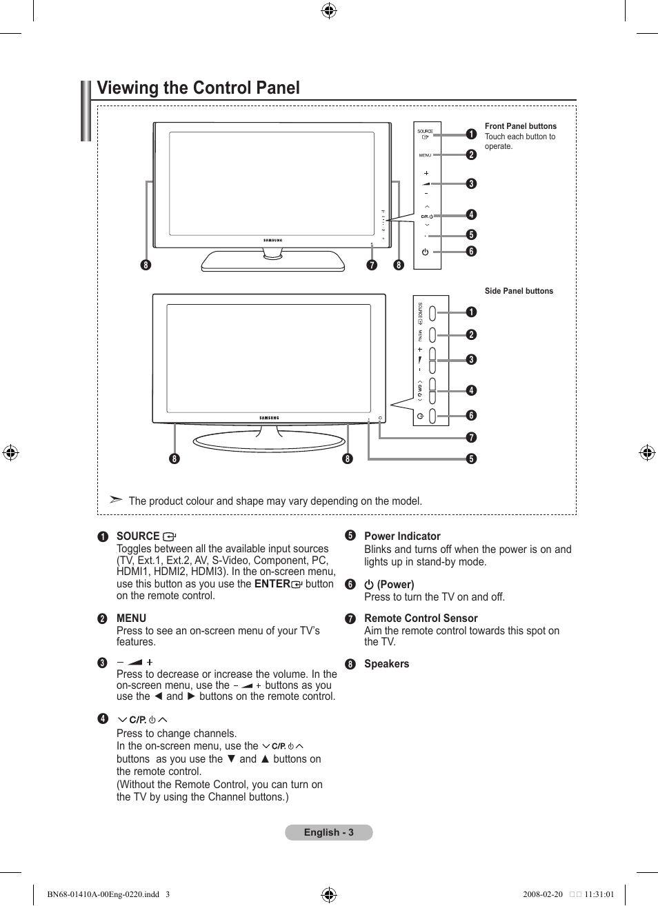 Viewing the control panel | Samsung LE46A551P2R User Manual | Page 5 / 629