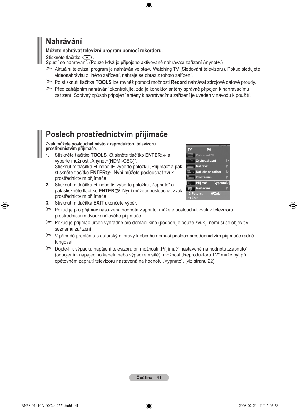 Poslech prostřednictvím přijímače, Nahrávání | Samsung LE46A551P2R User Manual | Page 513 / 629