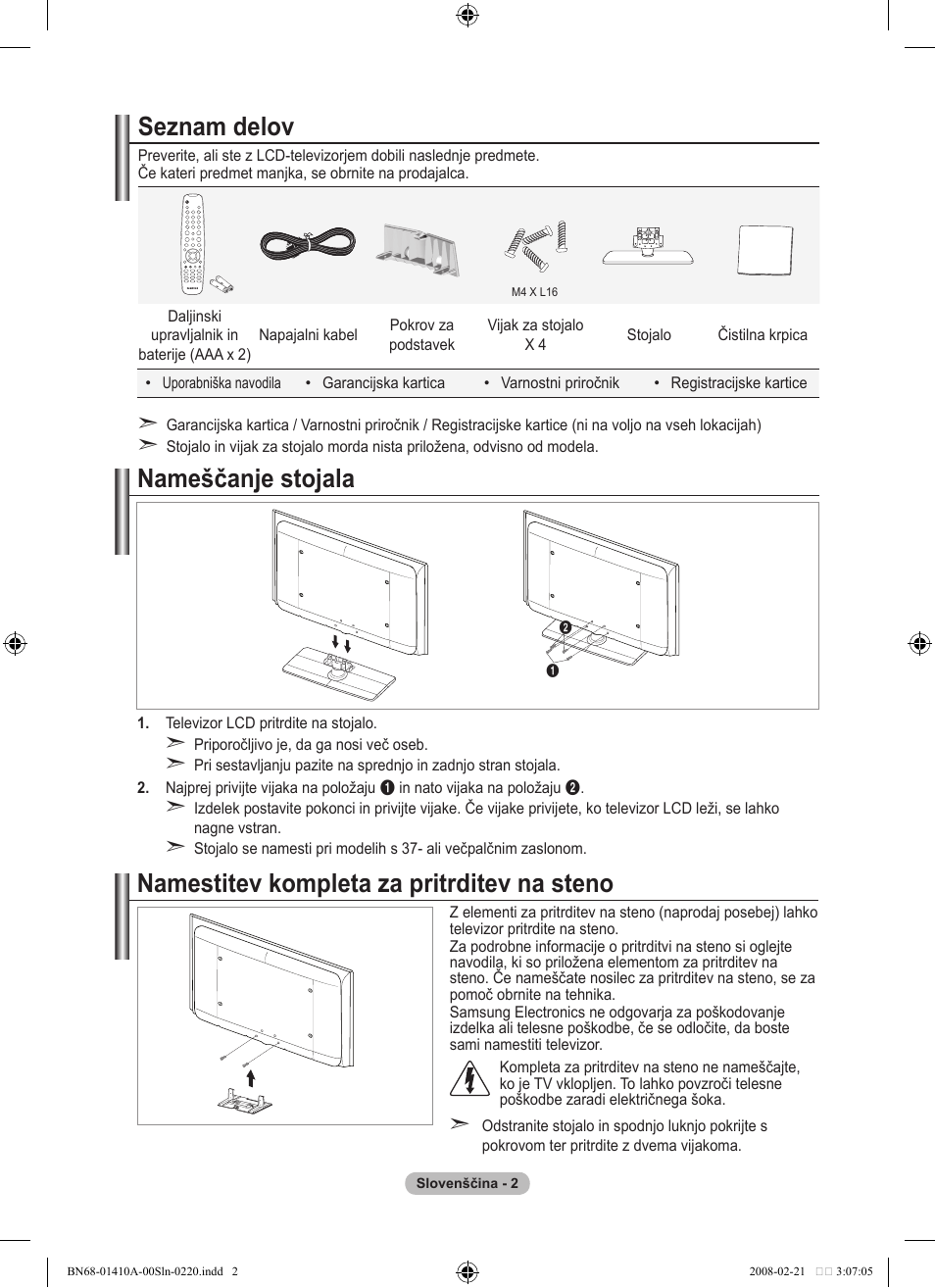 Seznam delov, Namestitev kompleta za pritrditev na steno, Nameščanje stojala | Samsung LE46A551P2R User Manual | Page 578 / 629