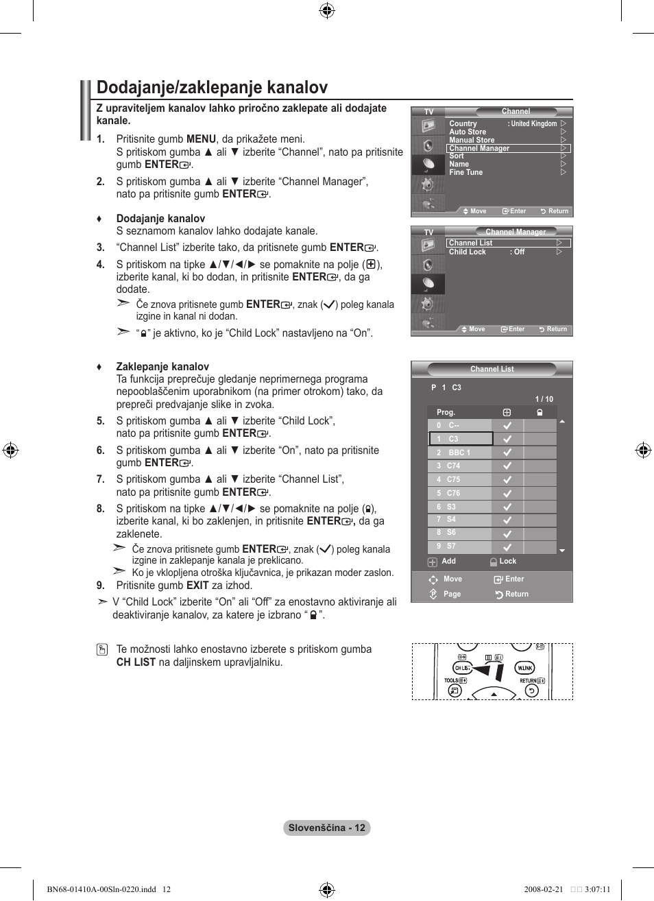 Dodajanje��zaklepanje kanalov | Samsung LE46A551P2R User Manual | Page 588 / 629