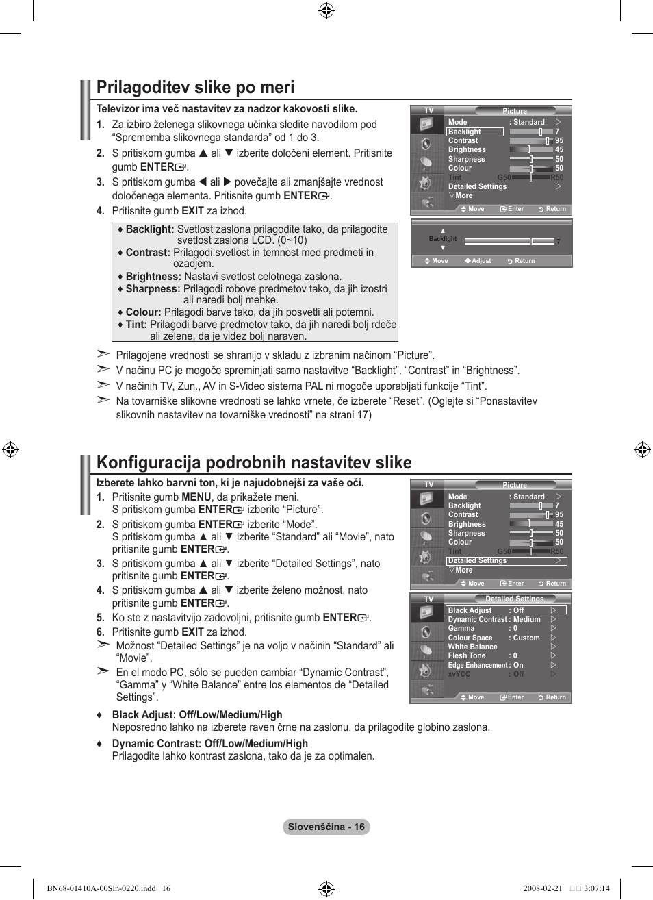 Prilagoditev slike po meri, Konfiguracija podrobnih nastavitev slike | Samsung LE46A551P2R User Manual | Page 592 / 629