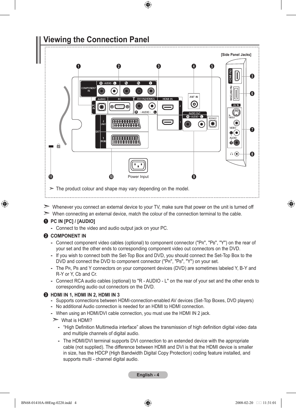 Viewing the connection panel | Samsung LE46A551P2R User Manual | Page 6 / 629