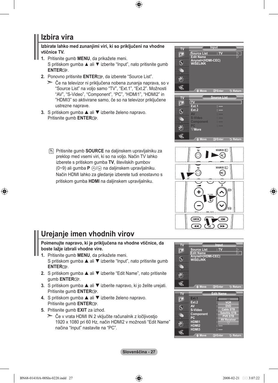 Izbira vira, Urejanje imen vhodnih virov | Samsung LE46A551P2R User Manual | Page 603 / 629