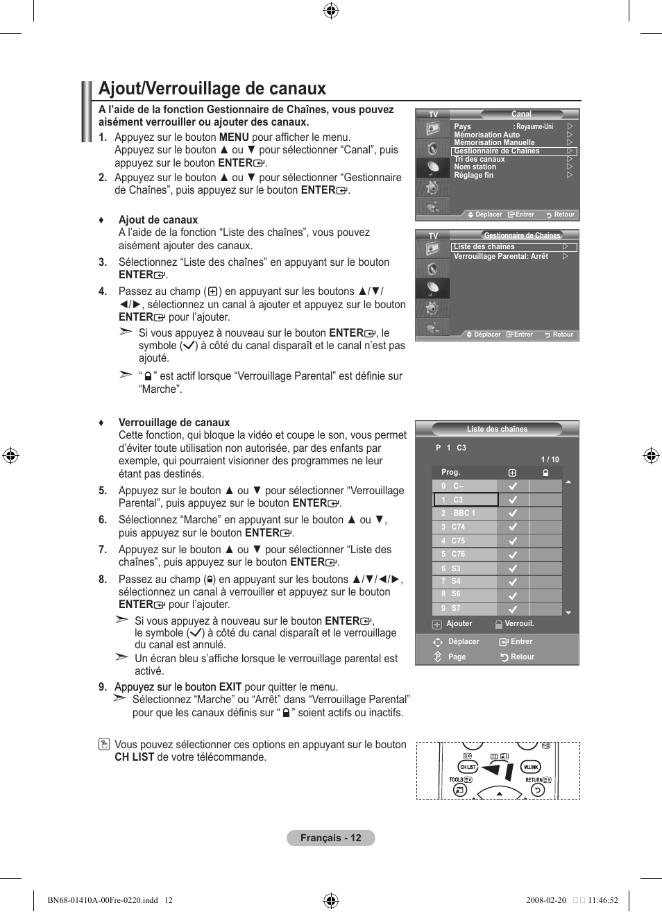 Ajout/verrouillage de canaux | Samsung LE46A551P2R User Manual | Page 66 / 629