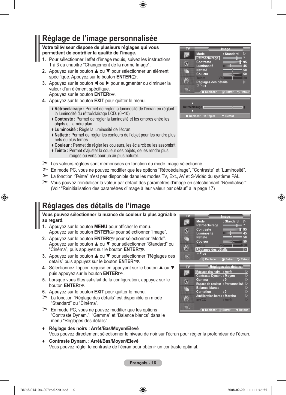 Réglage de l’image personnalisée, Réglages des détails de l’image | Samsung LE46A551P2R User Manual | Page 70 / 629