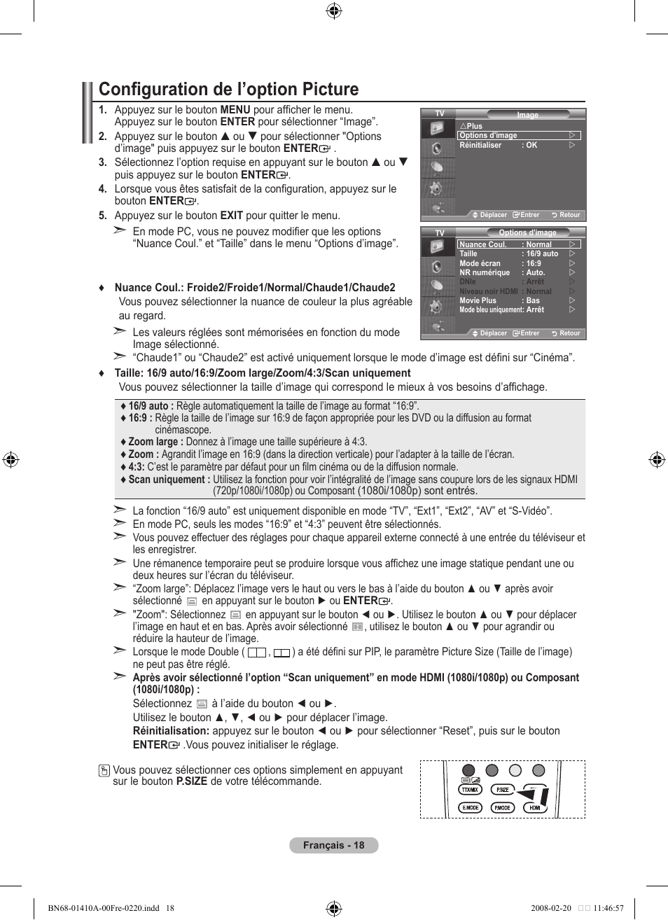 Configuration de l’option picture | Samsung LE46A551P2R User Manual | Page 72 / 629