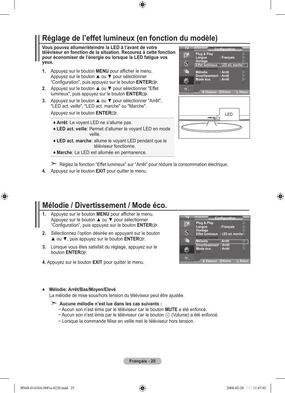 Mélodie / divertissement / mode éco | Samsung LE46A551P2R User Manual | Page 79 / 629