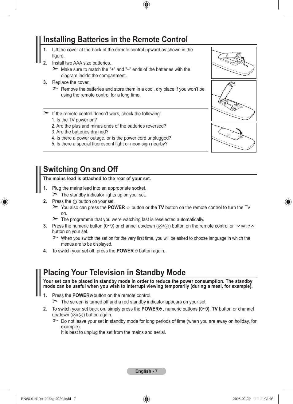 Installing batteries in the remote control, Switching on and off, Placing your television in standby mode | Samsung LE46A551P2R User Manual | Page 9 / 629