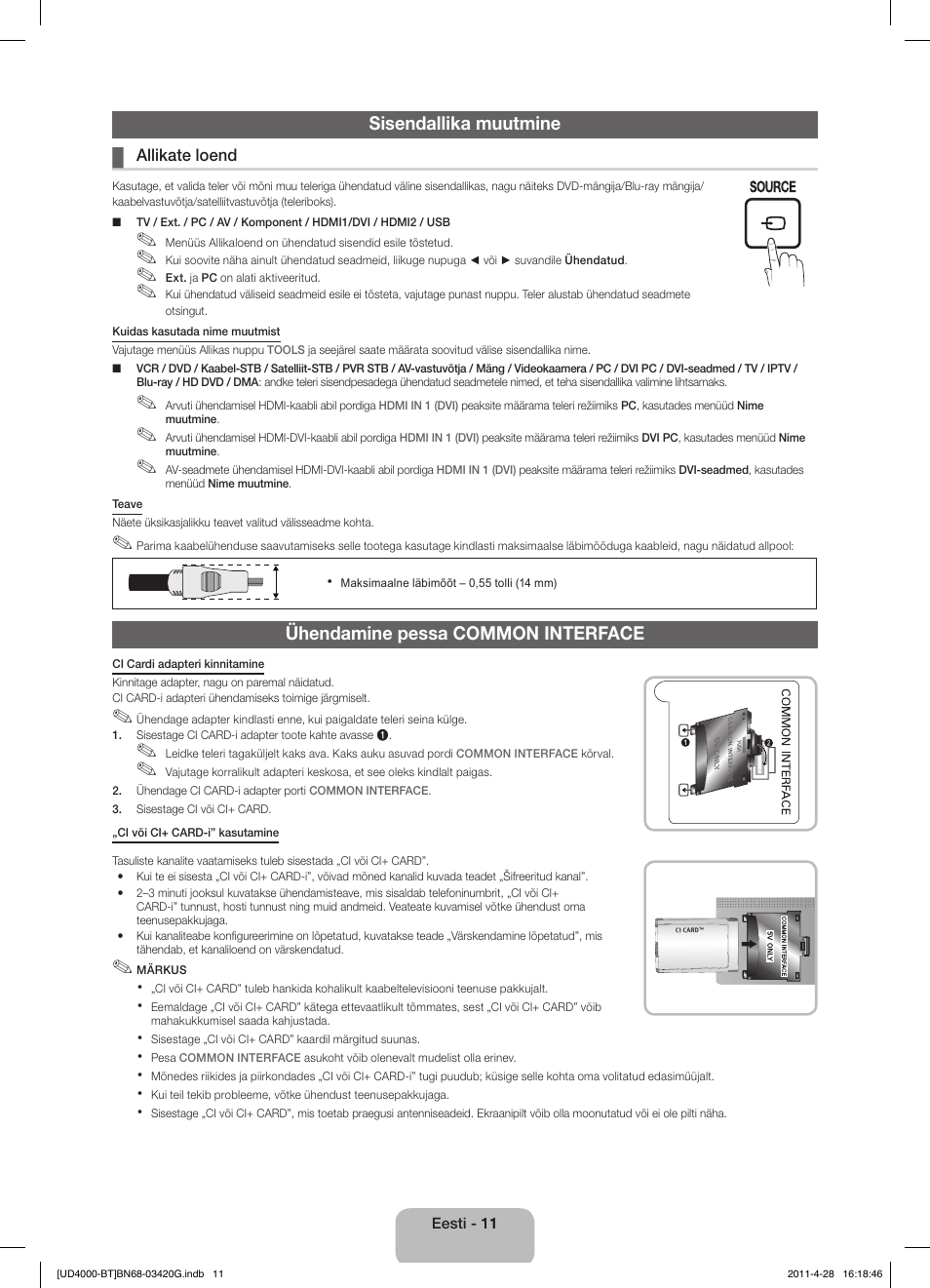 Sisendallika muutmine, Ühendamine pessa common interface | Samsung UE19D4010NW User Manual | Page 107 / 146