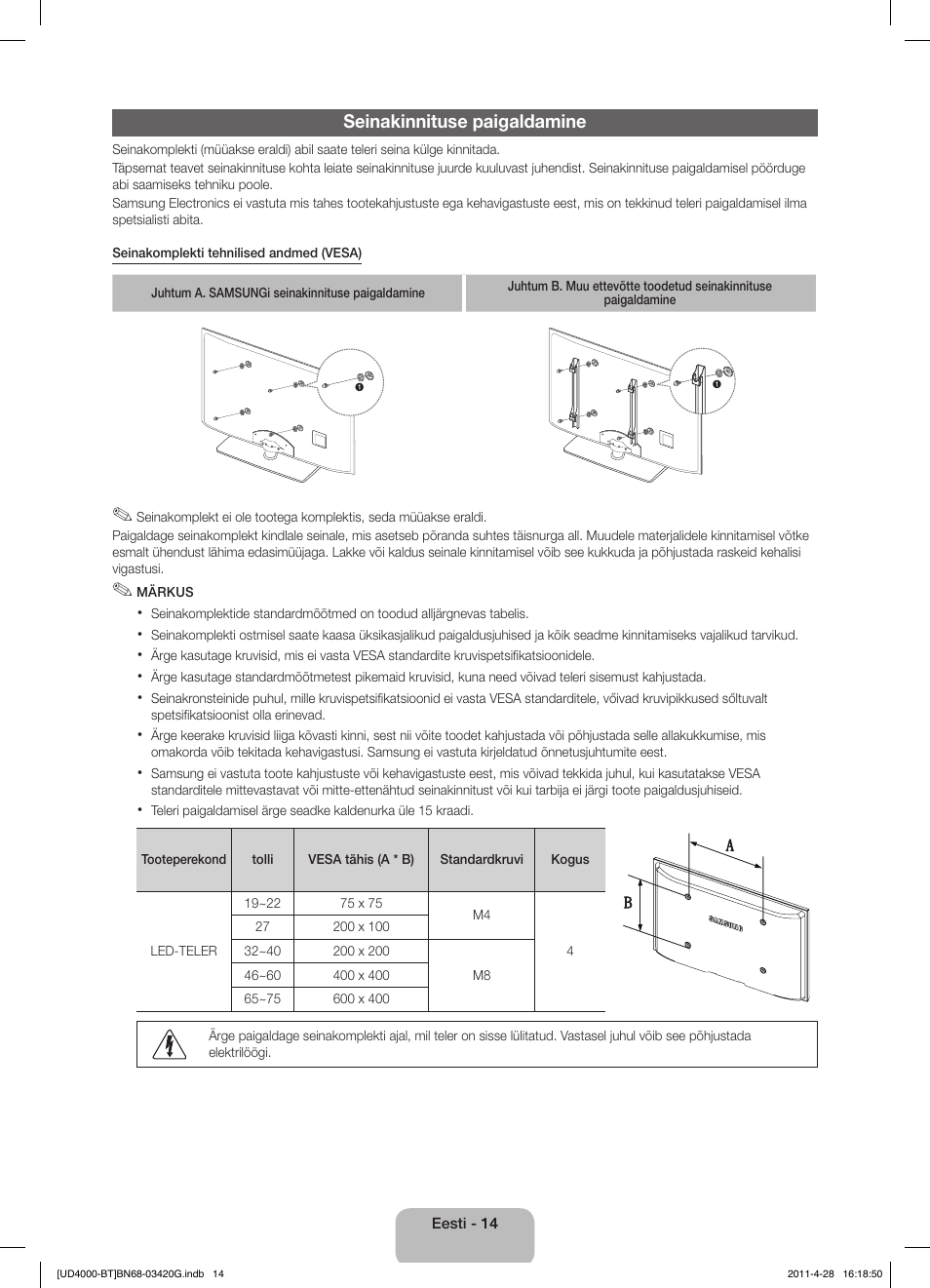 Seinakinnituse paigaldamine | Samsung UE19D4010NW User Manual | Page 110 / 146
