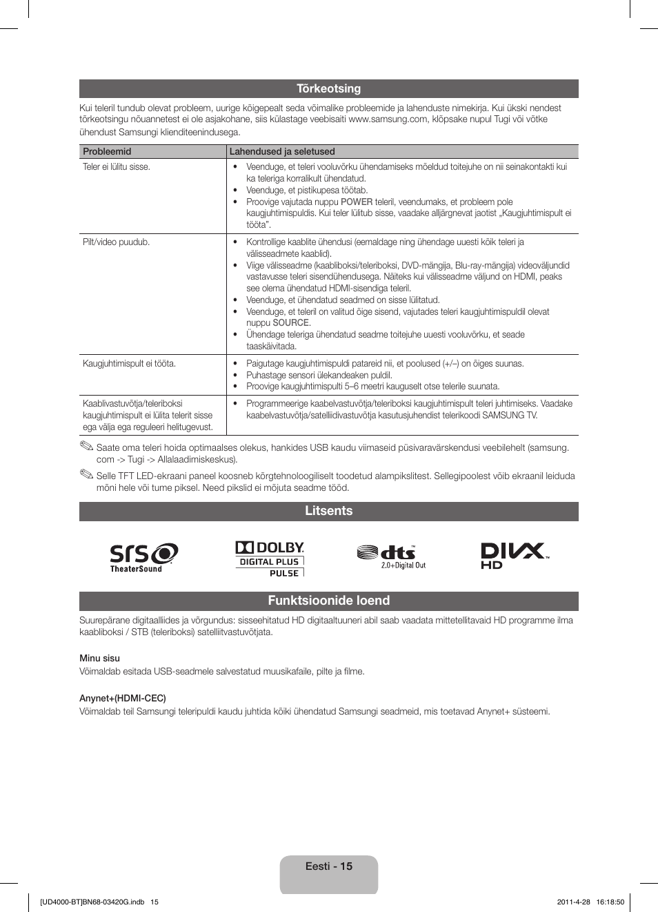 Litsents funktsioonide loend | Samsung UE19D4010NW User Manual | Page 111 / 146