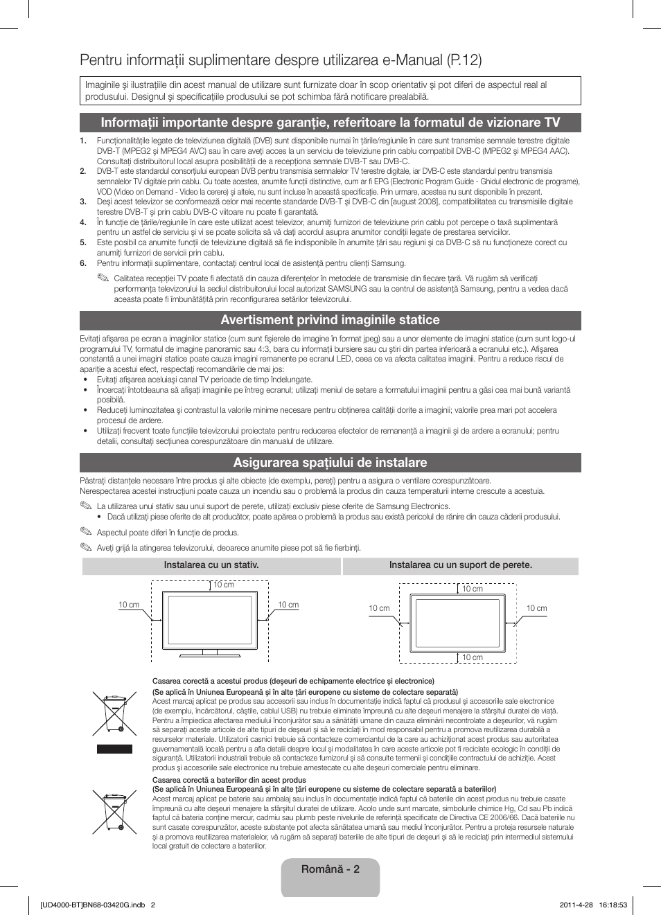 Avertisment privind imaginile statice, Asigurarea spaţiului de instalare | Samsung UE19D4010NW User Manual | Page 114 / 146
