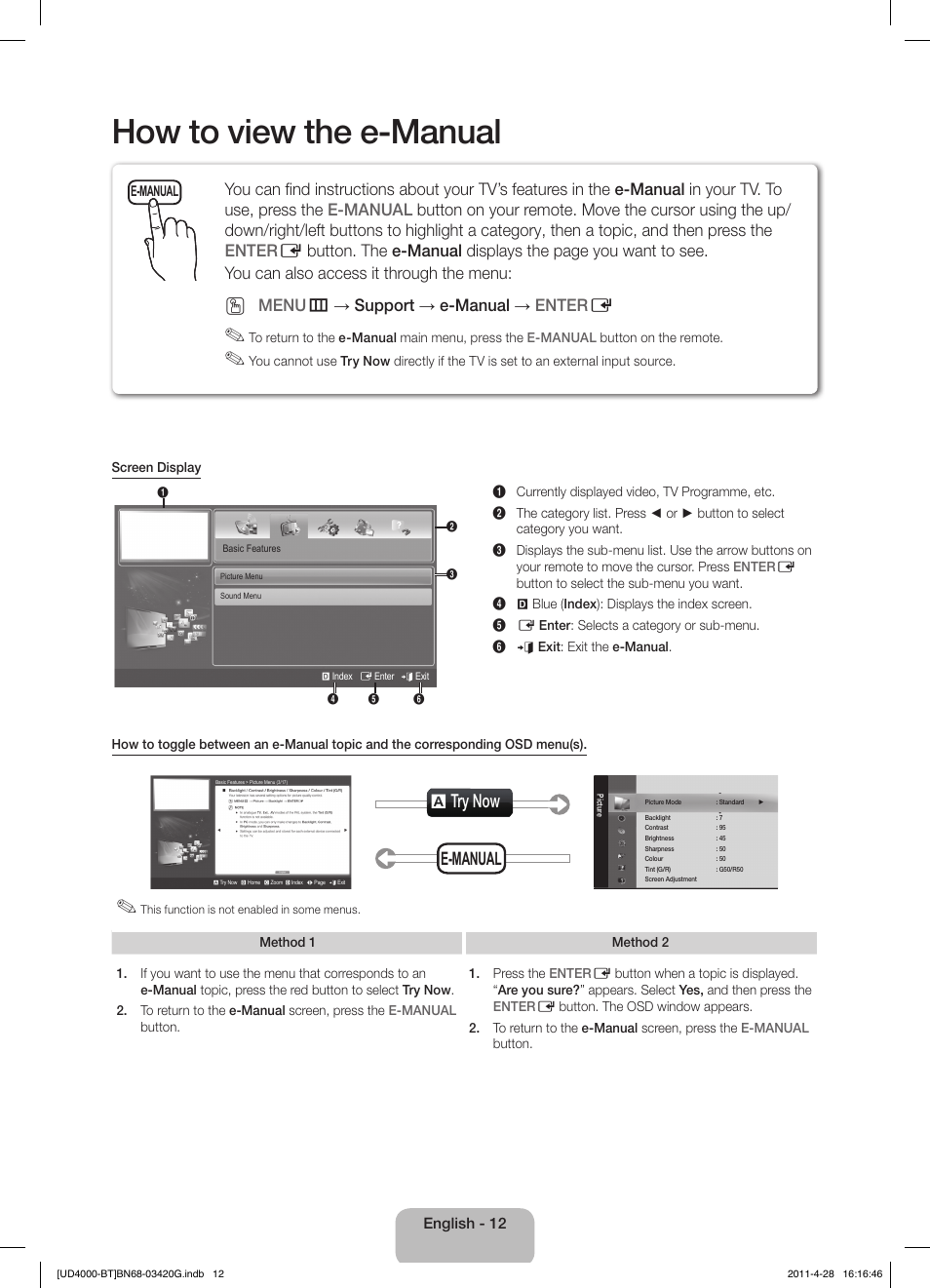 How to view the e-manual, A try now, E-manual | Menu m → support → e-manual → enter e | Samsung UE19D4010NW User Manual | Page 12 / 146