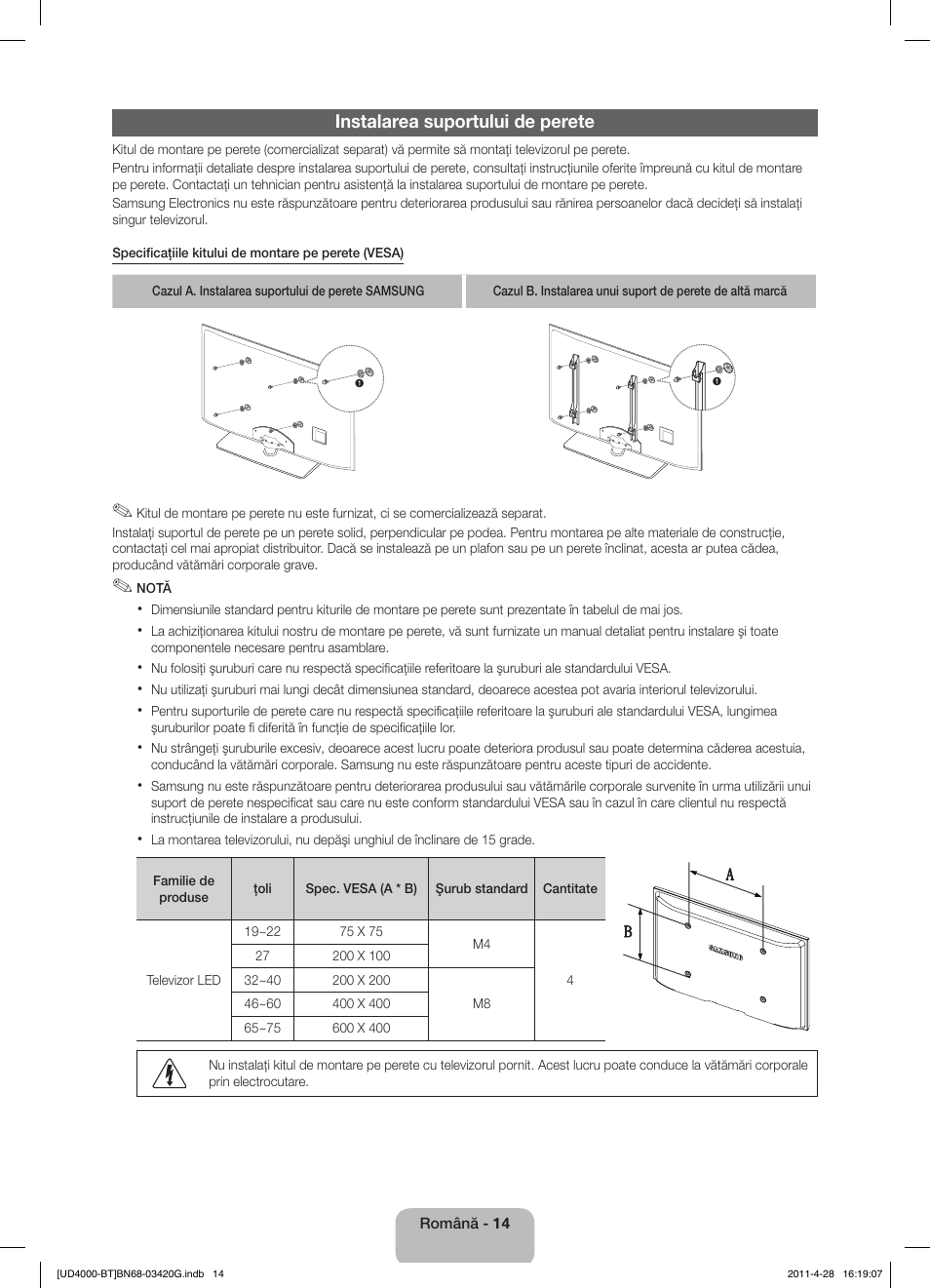 Instalarea suportului de perete | Samsung UE19D4010NW User Manual | Page 126 / 146