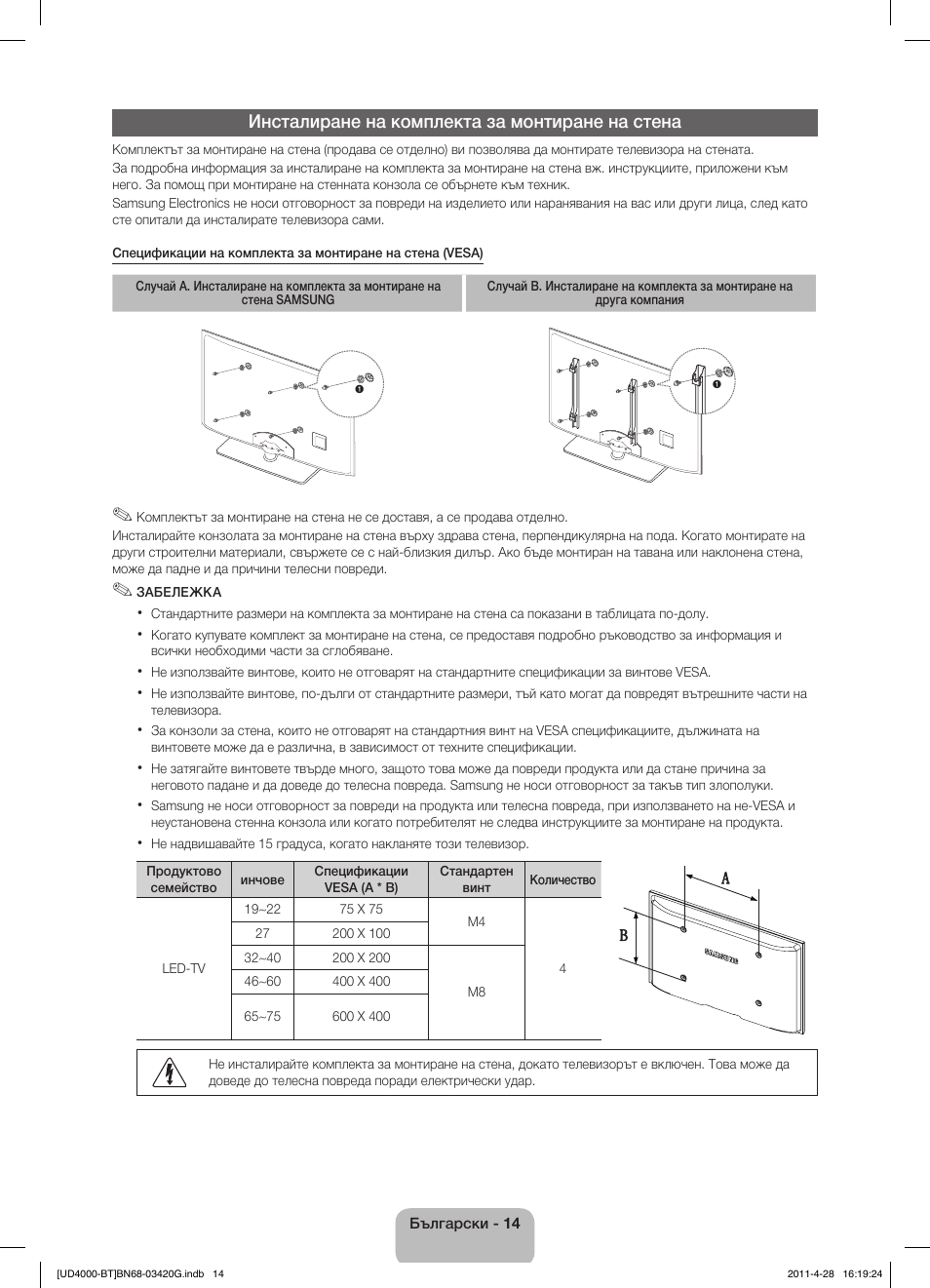 Инсталиране на комплекта за монтиране на стена | Samsung UE19D4010NW User Manual | Page 142 / 146