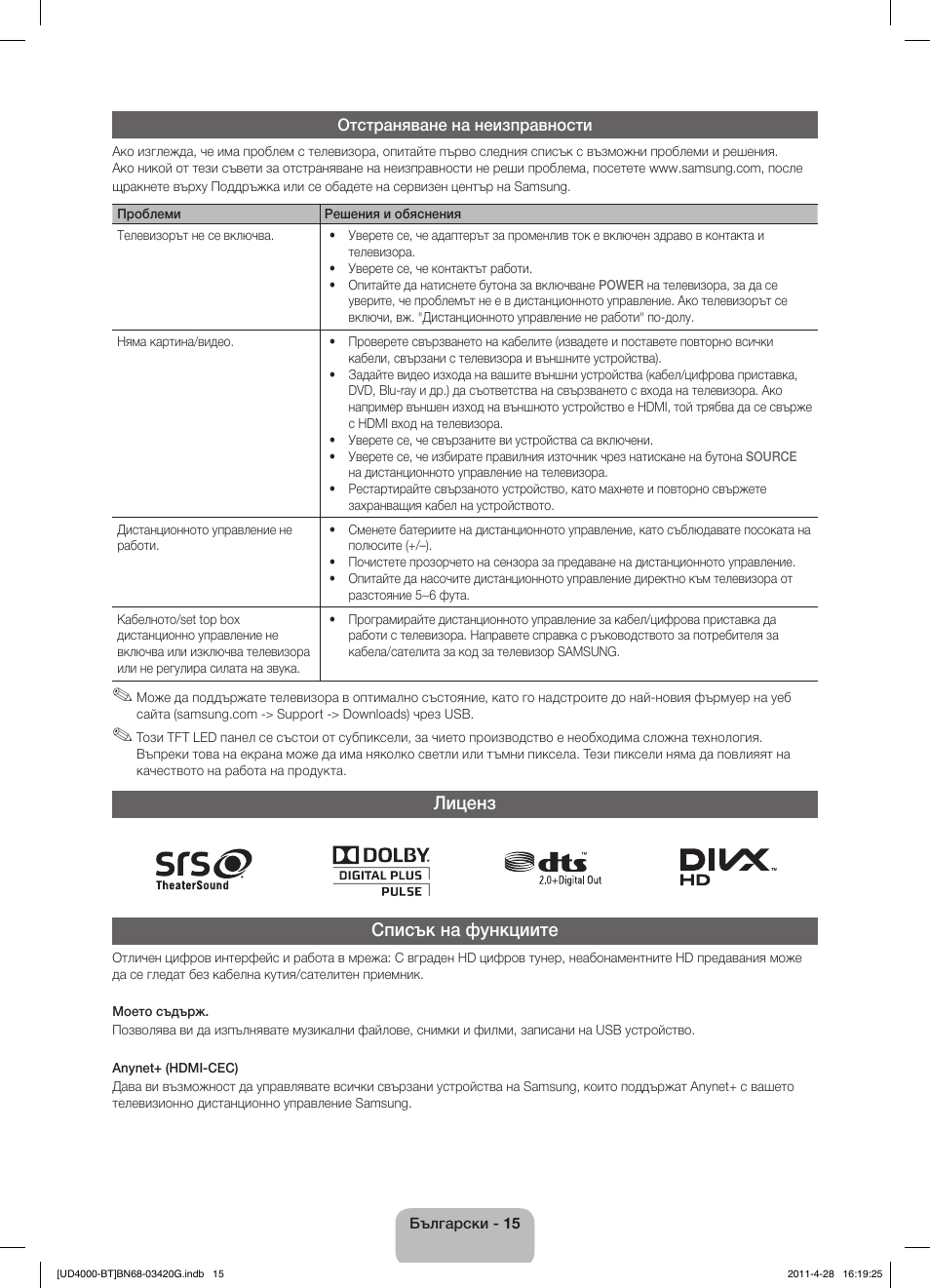 Лиценз списък на функциите | Samsung UE19D4010NW User Manual | Page 143 / 146