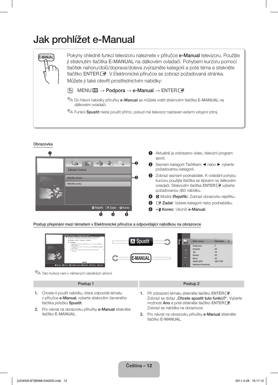 Jak prohlížet e-manual, A spustit, E-manual | Menu m → podpora → e-manual → enter e | Samsung UE19D4010NW User Manual | Page 28 / 146