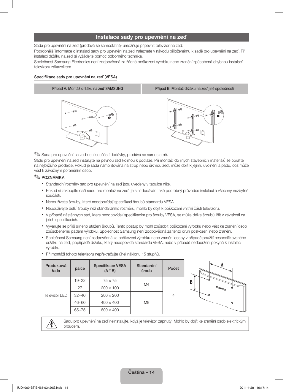 Instalace sady pro upevnění na zeď | Samsung UE19D4010NW User Manual | Page 30 / 146