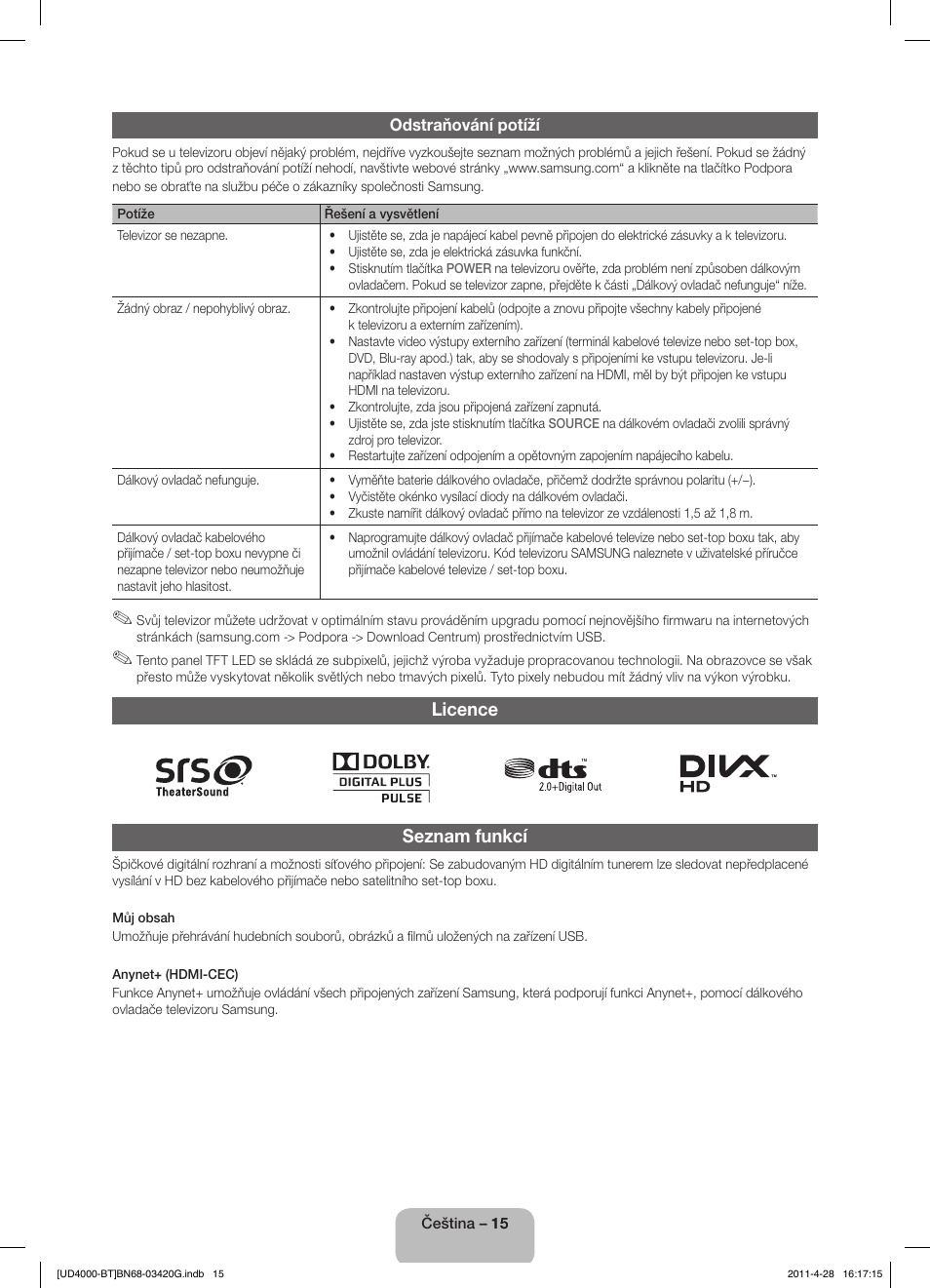 Licence seznam funkcí | Samsung UE19D4010NW User Manual | Page 31 / 146
