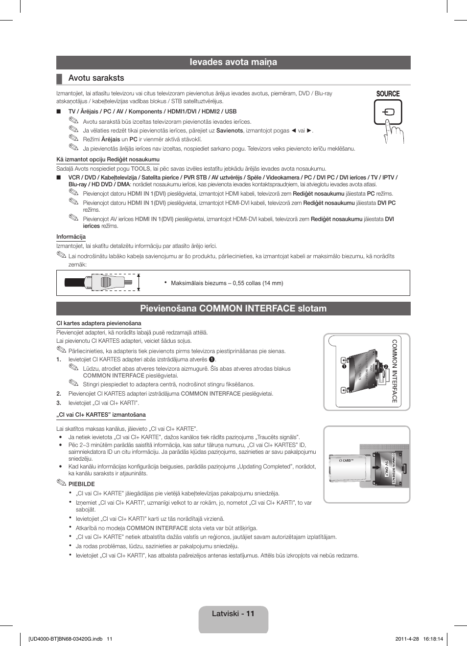 Ievades avota maiņa, Pievienošana common interface slotam | Samsung UE19D4010NW User Manual | Page 75 / 146