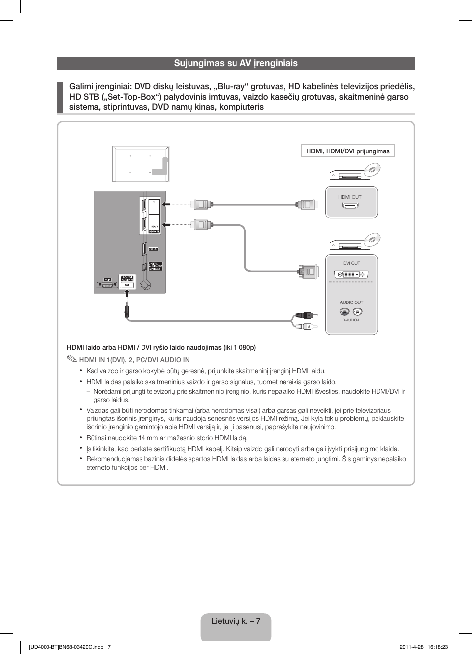 Sujungimas su av įrenginiais | Samsung UE19D4010NW User Manual | Page 87 / 146