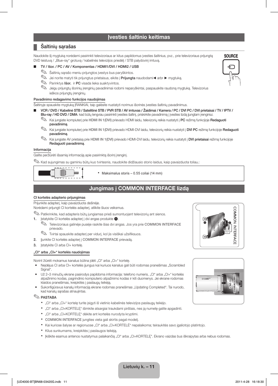 Įvesties šaltinio keitimas, Jungimas į common interface lizdą | Samsung UE19D4010NW User Manual | Page 91 / 146
