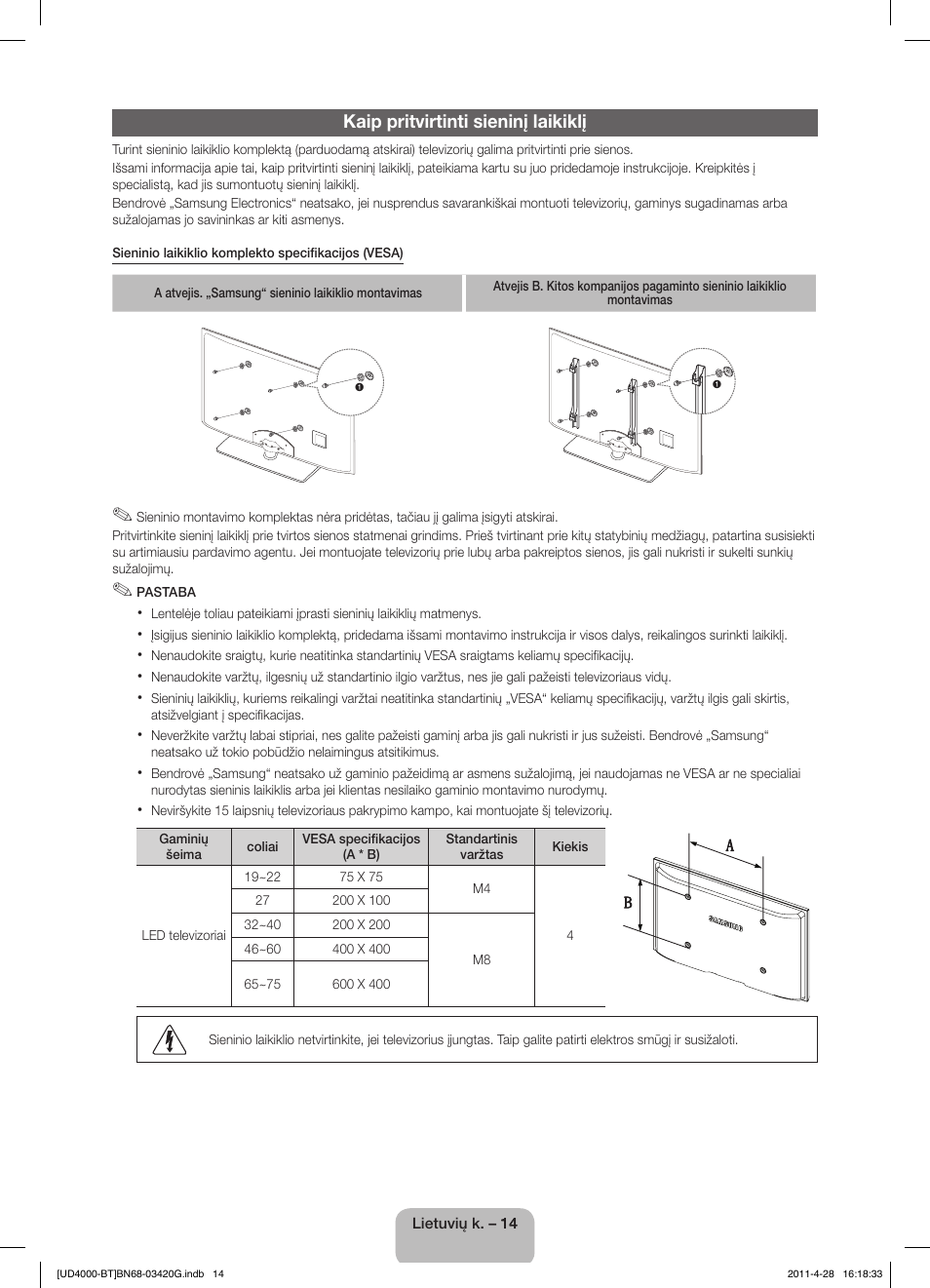 Kaip pritvirtinti sieninį laikiklį | Samsung UE19D4010NW User Manual | Page 94 / 146