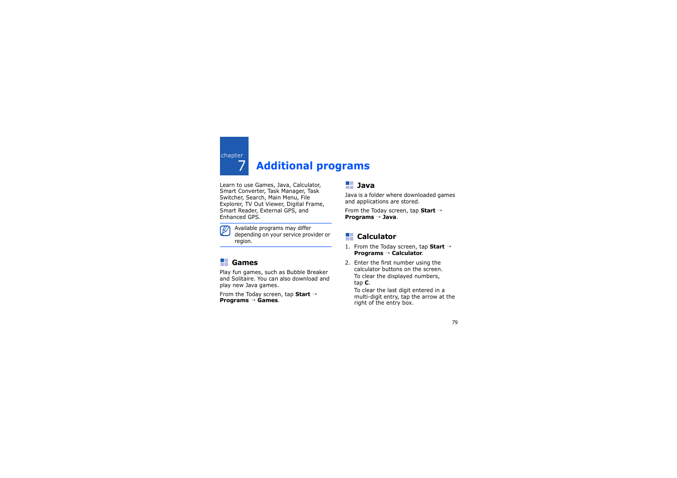 Additional programs, Games, Java | Calculator, Games java calculator | Samsung SGH-i900 User Manual | Page 81 / 110