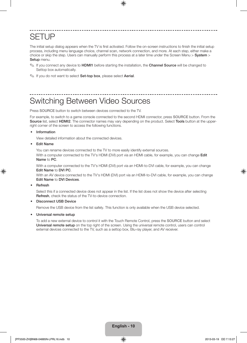 Setup, Switching between video sources | Samsung PS60F5500AW User Manual | Page 10 / 385