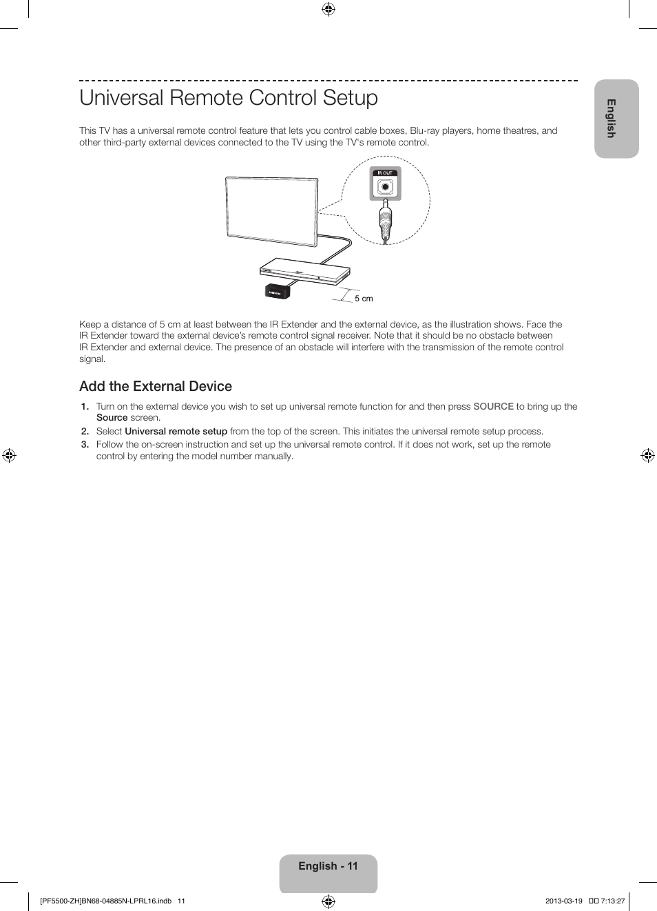 Universal remote control setup, Add the external device | Samsung PS60F5500AW User Manual | Page 11 / 385