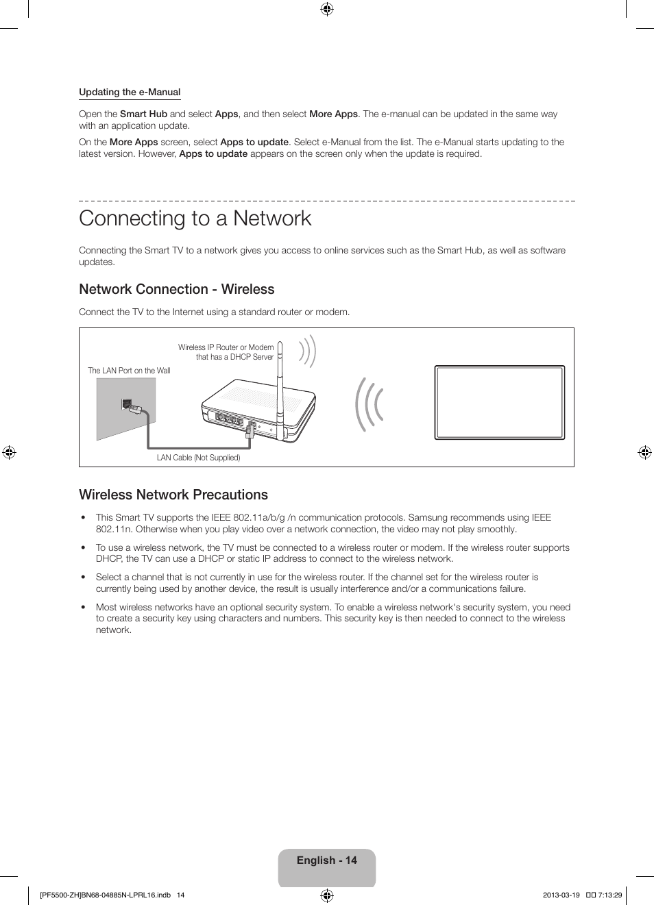Connecting to a network, Network connection - wireless, Wireless network precautions | Samsung PS60F5500AW User Manual | Page 14 / 385