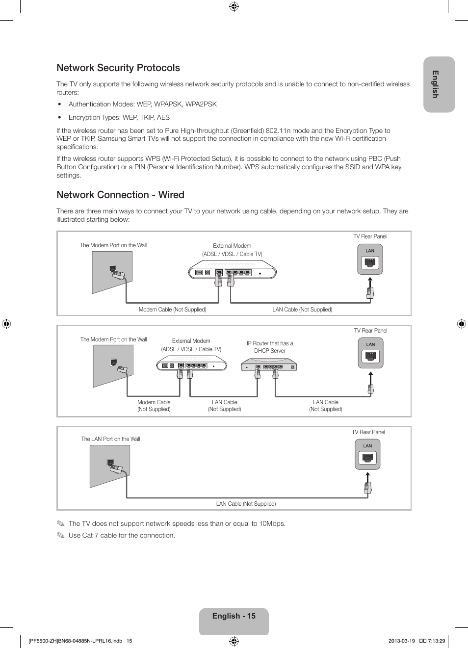 Network security protocols, Network connection - wired | Samsung PS60F5500AW User Manual | Page 15 / 385