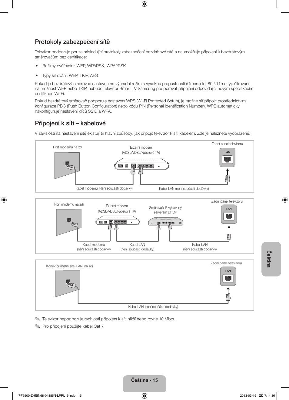Protokoly zabezpečení sítě, Připojení k síti – kabelové | Samsung PS60F5500AW User Manual | Page 159 / 385