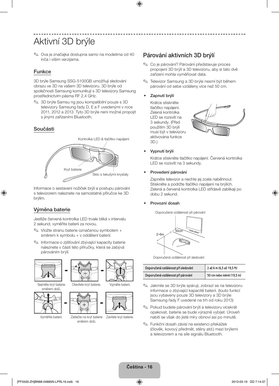 Aktivní 3d brýle, Párování aktivních 3d brýlí | Samsung PS60F5500AW User Manual | Page 160 / 385