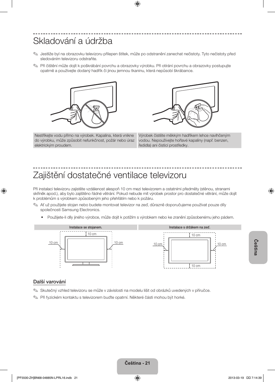Skladování a údržba, Zajištění dostatečné ventilace televizoru | Samsung PS60F5500AW User Manual | Page 165 / 385