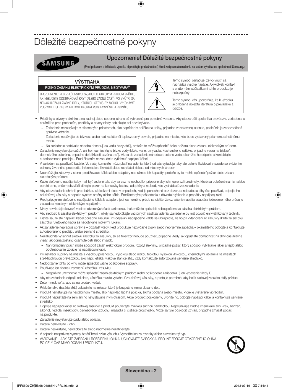 Dôležité bezpečnostné pokyny, Upozornenie! dôležité bezpečnostné pokyny | Samsung PS60F5500AW User Manual | Page 170 / 385