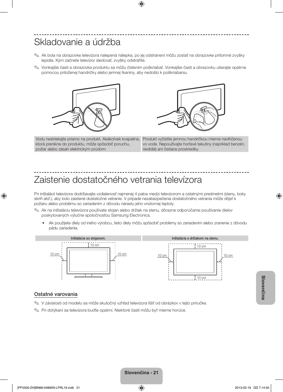 Skladovanie a údržba, Zaistenie dostatočného vetrania televízora | Samsung PS60F5500AW User Manual | Page 189 / 385
