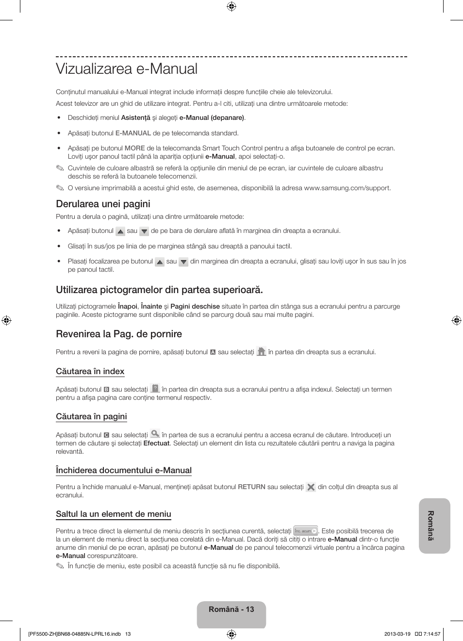 Vizualizarea e-manual, Derularea unei pagini, Utilizarea pictogramelor din partea superioară | Revenirea la pag. de pornire | Samsung PS60F5500AW User Manual | Page 205 / 385