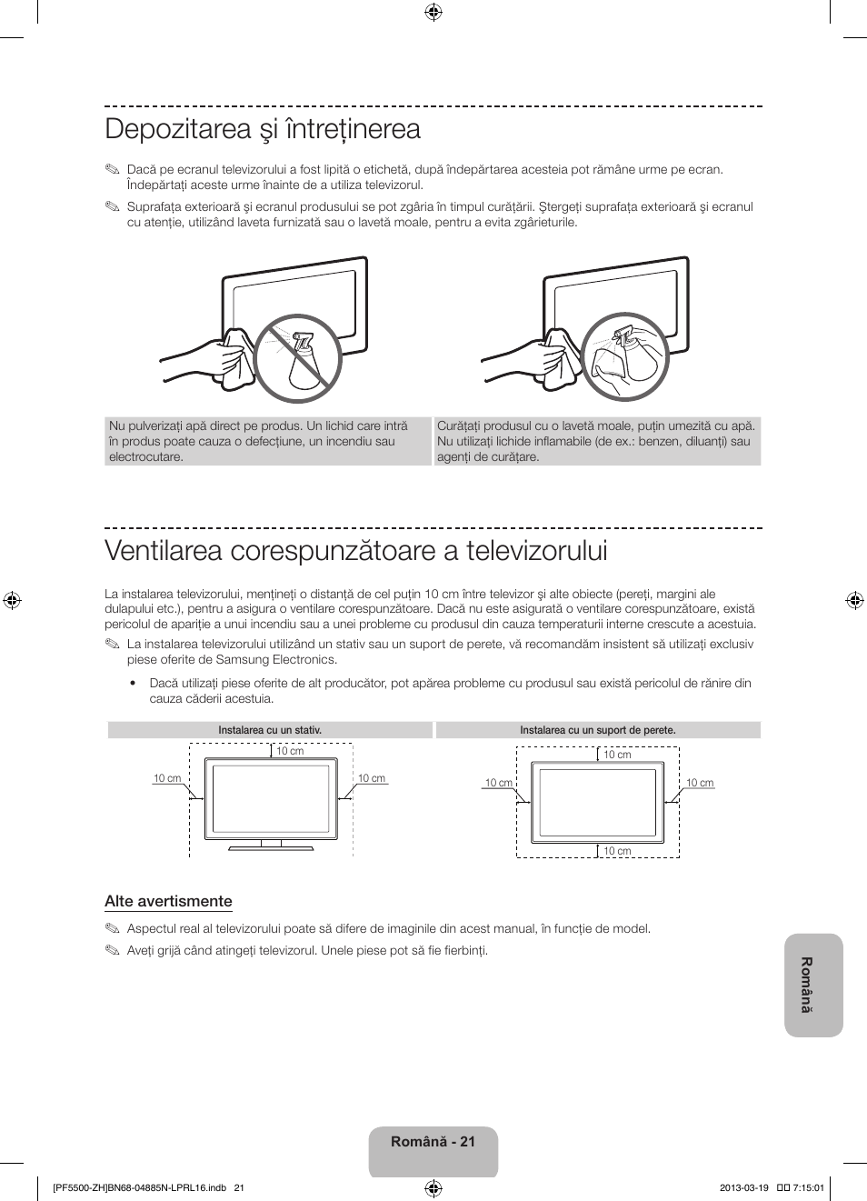 Depozitarea şi întreţinerea, Ventilarea corespunzătoare a televizorului | Samsung PS60F5500AW User Manual | Page 213 / 385