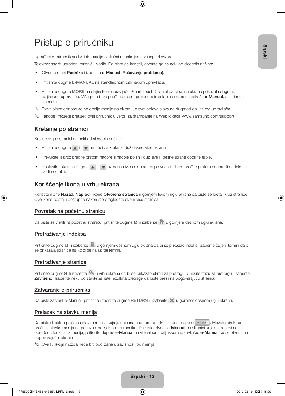Pristup e-priručniku, Kretanje po stranici, Korišćenje ikona u vrhu ekrana | Samsung PS60F5500AW User Manual | Page 229 / 385