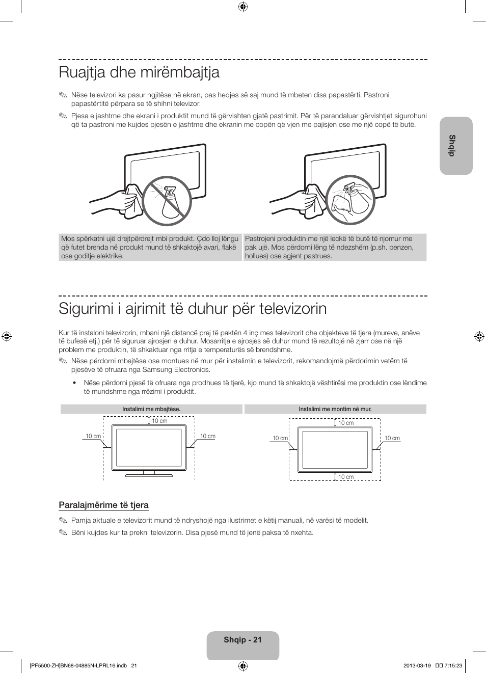 Ruajtja dhe mirëmbajtja, Sigurimi i ajrimit të duhur për televizorin | Samsung PS60F5500AW User Manual | Page 261 / 385