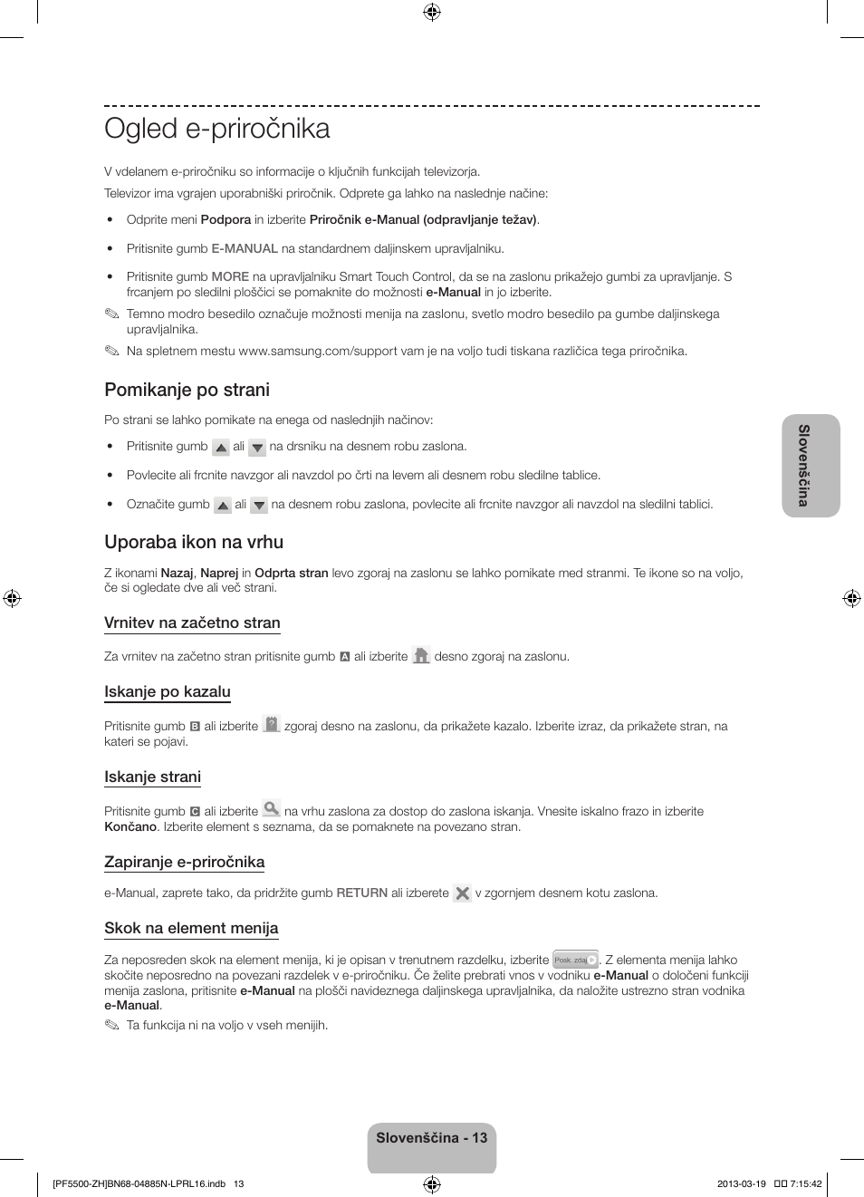 Ogled e-priročnika, Pomikanje po strani, Uporaba ikon na vrhu | Samsung PS60F5500AW User Manual | Page 301 / 385