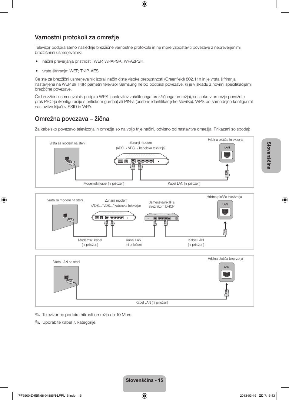 Varnostni protokoli za omrežje, Omrežna povezava – žična | Samsung PS60F5500AW User Manual | Page 303 / 385