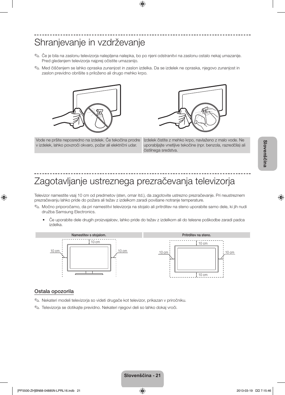 Shranjevanje in vzdrževanje, Zagotavljanje ustreznega prezračevanja televizorja | Samsung PS60F5500AW User Manual | Page 309 / 385