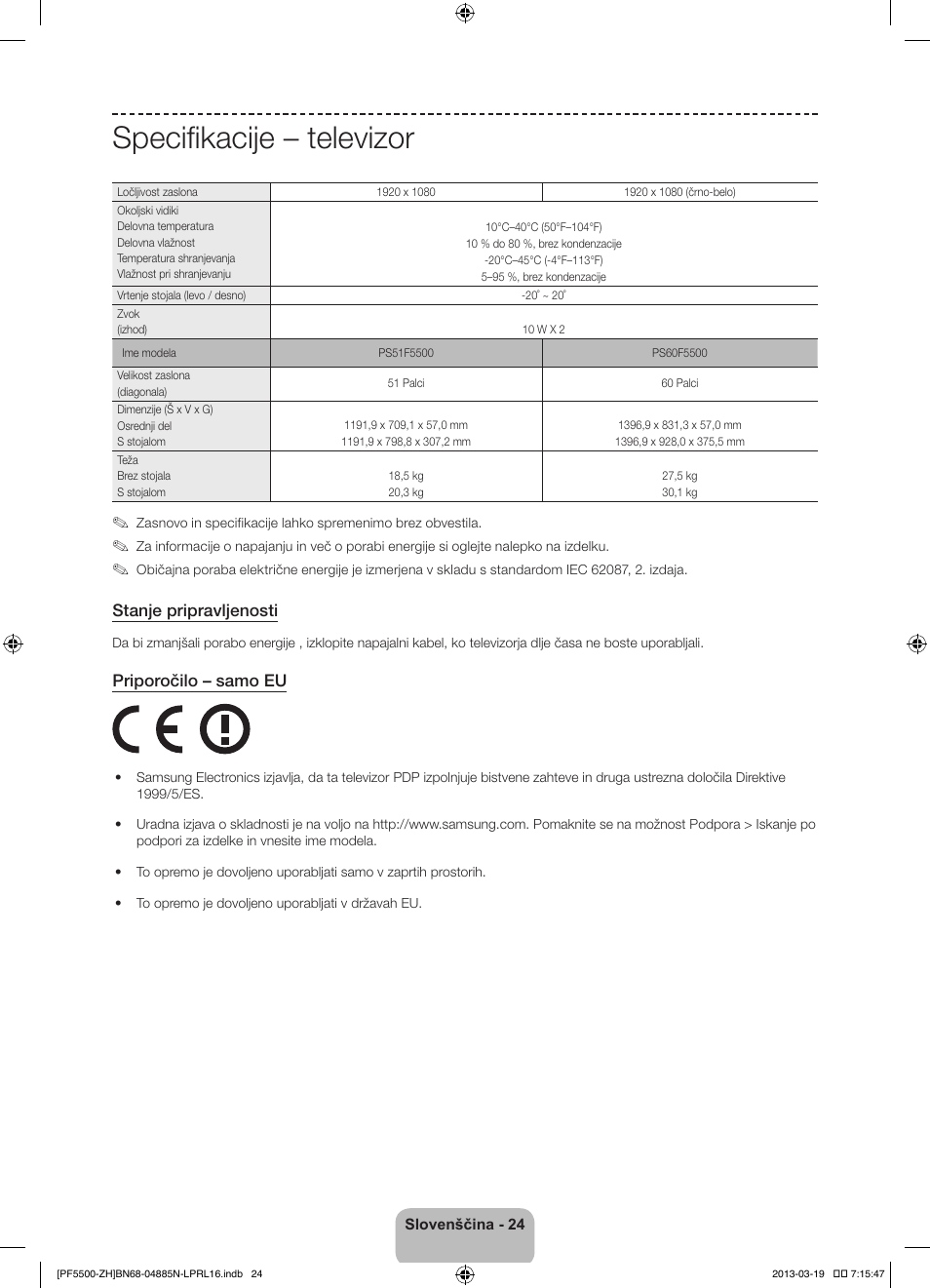 Specifikacije – televizor, Stanje pripravljenosti, Priporočilo – samo eu | Samsung PS60F5500AW User Manual | Page 312 / 385