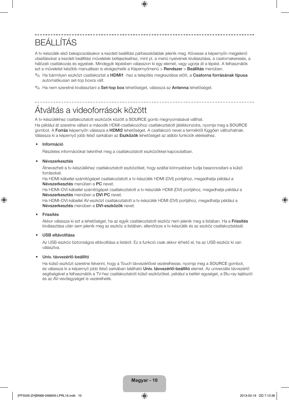 Beállítás, Átváltás a videoforrások között | Samsung PS60F5500AW User Manual | Page 34 / 385