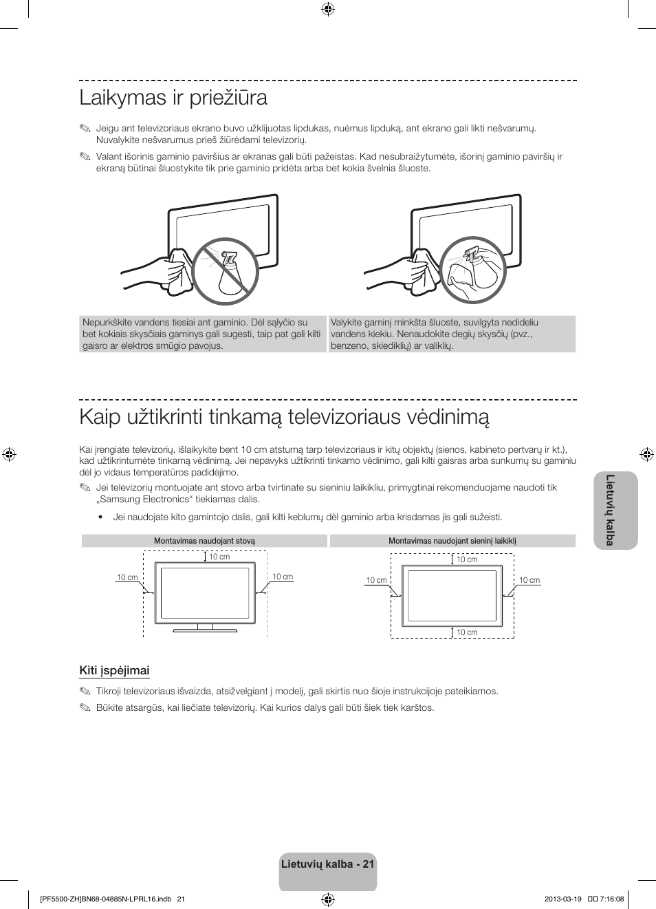 Laikymas ir priežiūra, Kaip užtikrinti tinkamą televizoriaus vėdinimą | Samsung PS60F5500AW User Manual | Page 357 / 385